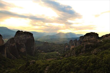 Sun ray over Meteora, Greeceの写真素材