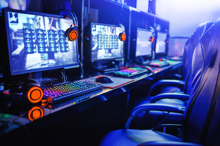games computer online in internet cafeの写真素材