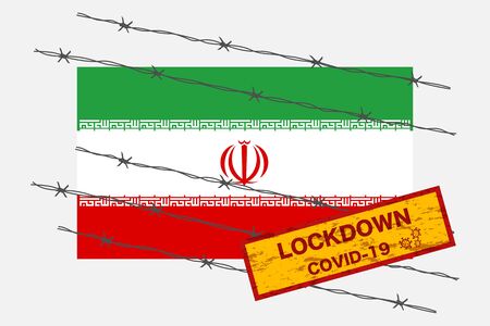 Iran flag with signboard lockdown warning security due to coronavirus crisis covid-19 disease design with barb wired isolate vectorのイラスト素材