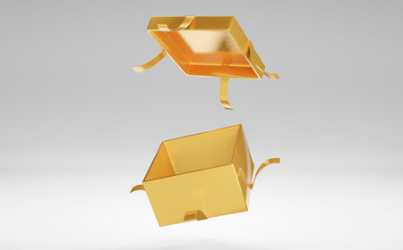 Open gold gift box isolate  floating in the air 3D renderingの写真素材