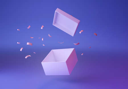 Open empty gift box with metallic confetti design with blue and purple neon color background