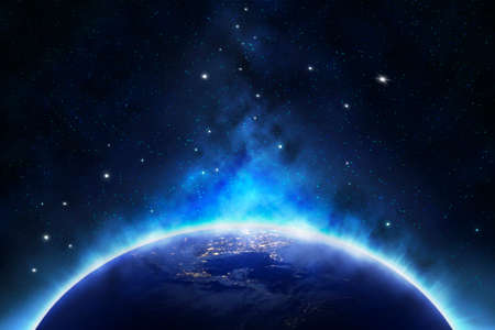 Planet Earth outer space with beam of light at North America area from the Space at Night