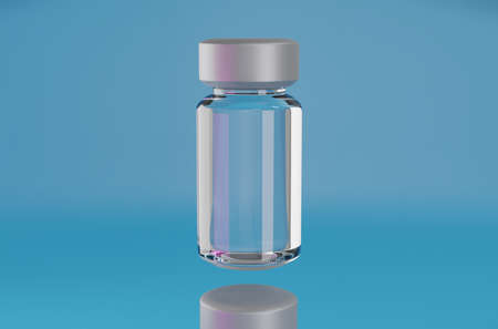 Empty Glass of vaccine bottle isolate is on blue background 3D renderingの写真素材