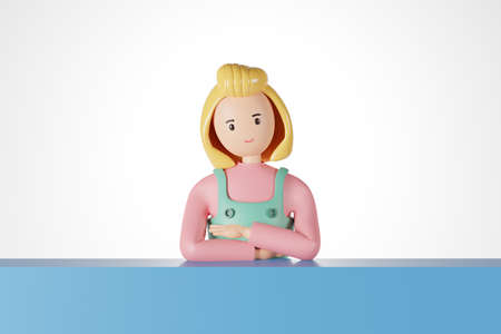3D model of a girl with blonde hair, a pink dress, and a green apron, sitting on the counter with...
