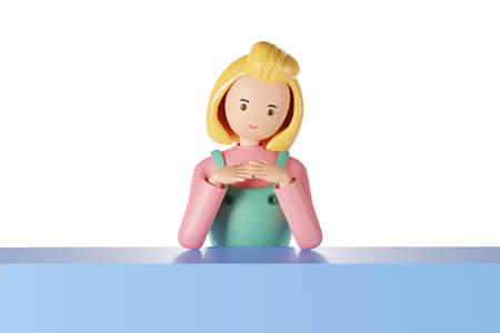 3D model of a girl with blonde hair, a pink dress, and a green apron, sitting on the counter with...