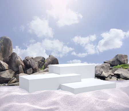 3D render modern minimal background 3D white square podium isolate is on white sand beach montage...