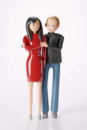 3D Cartoon character cute couple standing together and man hand hugging woman on white background...