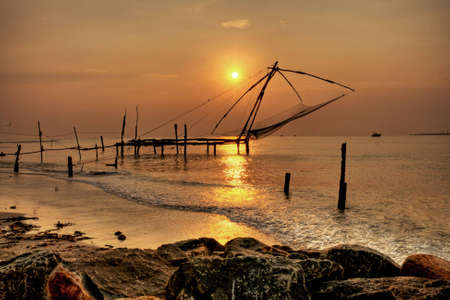 Chinese Fishing Nets, Cochin Fort, Indiaの写真素材