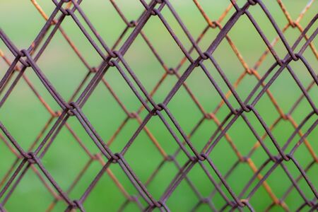 Wire fence with green grass on background.cage background
