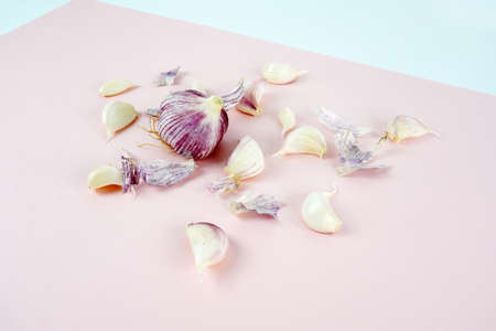 Fresh garlic, Delicious garlic isolated on color backgroundの写真素材