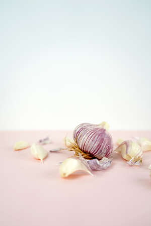 Fresh garlic, Delicious garlic isolated on color backgroundの写真素材