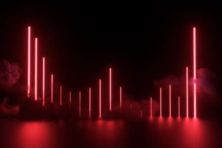3D Rendering Illustration. Futuristic Sci Fi Dark Empty Room With Neon Glowing. 3D abstract background with neon lights.の写真素材