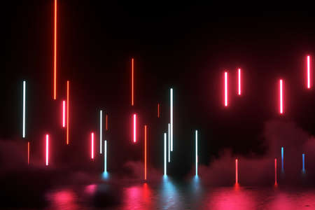 3D Rendering Illustration. Futuristic Sci Fi Dark Empty Room With Neon Glowing. 3D abstract background with neon lights.の写真素材