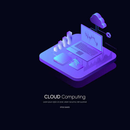 Isometric modern cloud technology and networking concept web cloud technology.のイラスト素材
