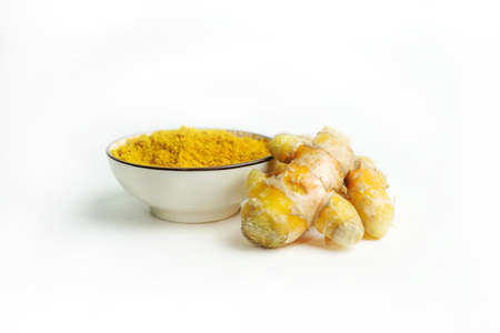 Fresh turmeric on white background,raw material for cooking. Close up.