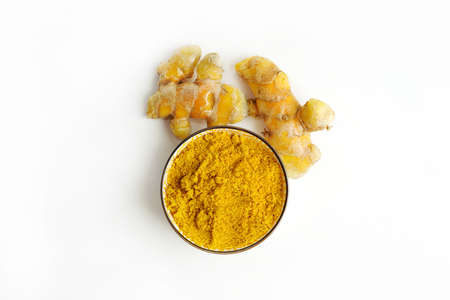 Fresh turmeric on white background,raw material for cooking. Close up.の写真素材