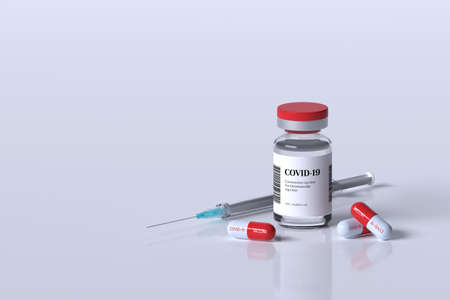 3d render vaccination, covid-19 pills vaccine.