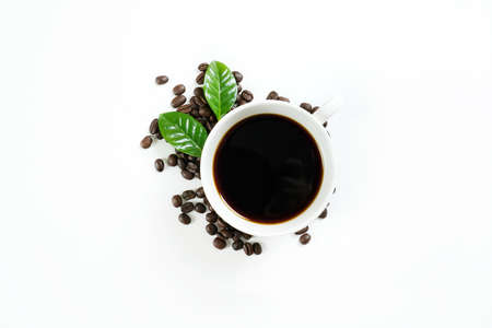 brown roasted coffee beans and coffee cupの写真素材
