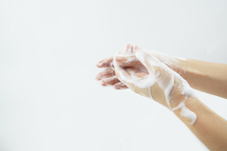 Washing of hands with soap foam. hygiene. Cleaning Hands.の写真素材