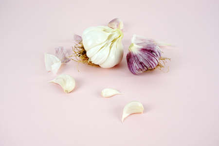 Fresh garlic, Delicious garlic isolated on color backgroundの写真素材