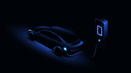 Electric car charging at the charging station. Electric vehicle concept. Vector illustration.のイラスト素材