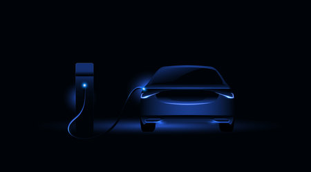 Electric car charging at the charging station. Electric vehicle concept. Vector illustration.のイラスト素材