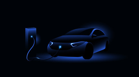 Electric car charging at the charging station. Electric vehicle concept. Vector illustration.のイラスト素材