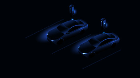Electric car charging at the charging station. Electric vehicle concept. Vector illustration.のイラスト素材