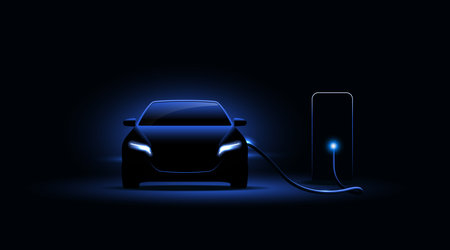Electric car charging at the charging station. Electric vehicle concept. Vector illustration.のイラスト素材