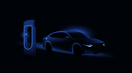 Electric car charging at the charging station. Electric vehicle concept. Vector illustration.のイラスト素材