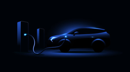 Electric car charging at the charging station. Electric vehicle concept. Vector illustration.のイラスト素材