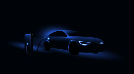 Electric car charging at the charging station. Electric vehicle concept. Vector illustration.のイラスト素材
