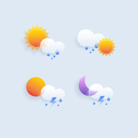 Set of different weather icons. Cloud, rain, moon, lightning, sonwflake. Vector illustrationのイラスト素材