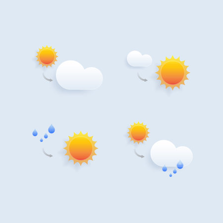 Set of different weather icons. Cloud, rain, moon, lightning, sonwflake. Vector illustrationのイラスト素材
