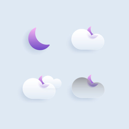 Set of different weather icons. Cloud, rain, moon, lightning, sonwflake. Vector illustrationのイラスト素材