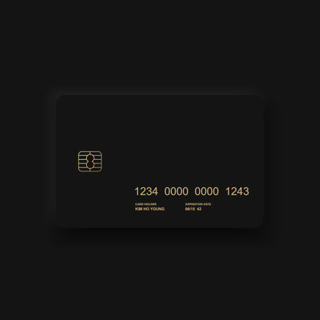neumorphism style. Realistic golden credit card icon on black background. Vector illustration.のイラスト素材