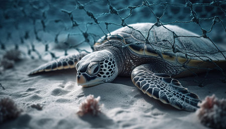 Green sea turtle resting on sandy beach. Blue toned image.の素材