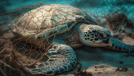 Green Sea Turtle Resting on the Beach with Net. Toned.の素材