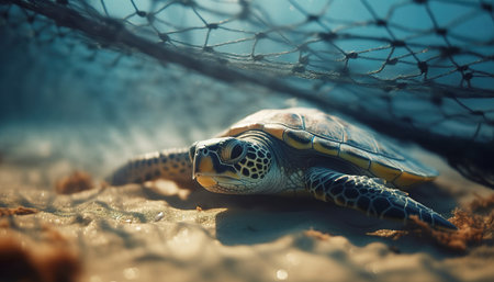 Sea turtle on the seashore in the net. Sea turtles in the sea.の素材