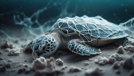 Green sea turtle on sand. 3d illustration. Toned.の素材