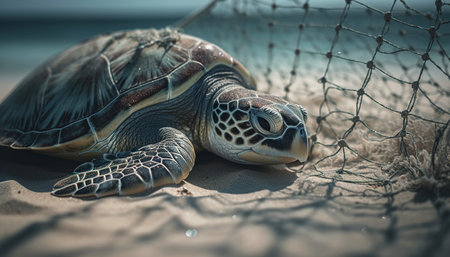Green Sea Turtle Resting on the Beach with Net in Background.の素材
