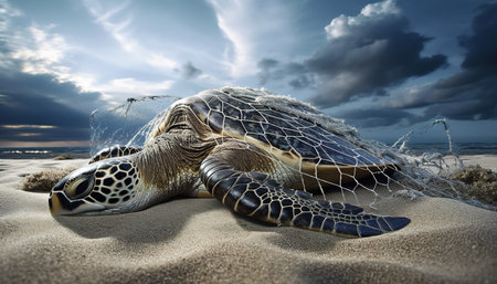 Green sea turtle on the sandy beach. 3d render illustration.の素材
