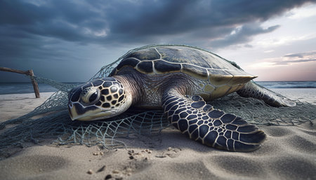 Hawaiian Green Sea Turtle Resting on the Beach at Sunriseの素材