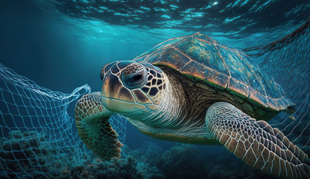 Green sea turtle in the ocean. 3d render. Conceptual imageの素材