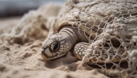 Closeup of a sea turtle resting on the sand at the beachの素材