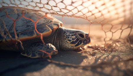 Close up of a turtle in a net on the beach at sunsetの素材