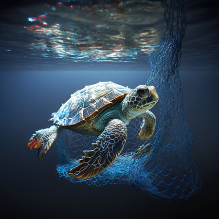 Sea turtle in a net. 3d render. Underwater.の素材