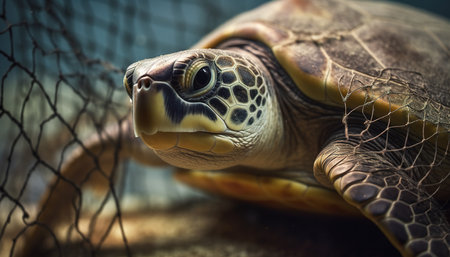 Closeup of a sea turtle in a cage. Selective focus.の素材