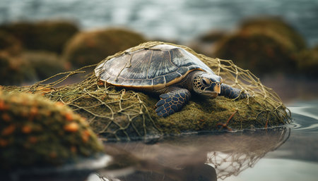 turtle on the rock in the water, closeup of photoの素材
