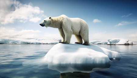 Generative AI technology. Pollution, polar bear at risk on melting ice.の素材